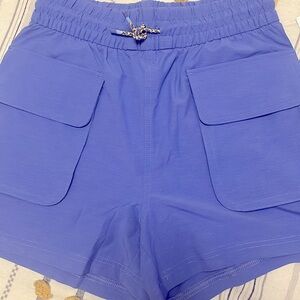 Athleta Girl XL (similar fit to women’s 0-2), 3” backpacking cargo shorts, blue